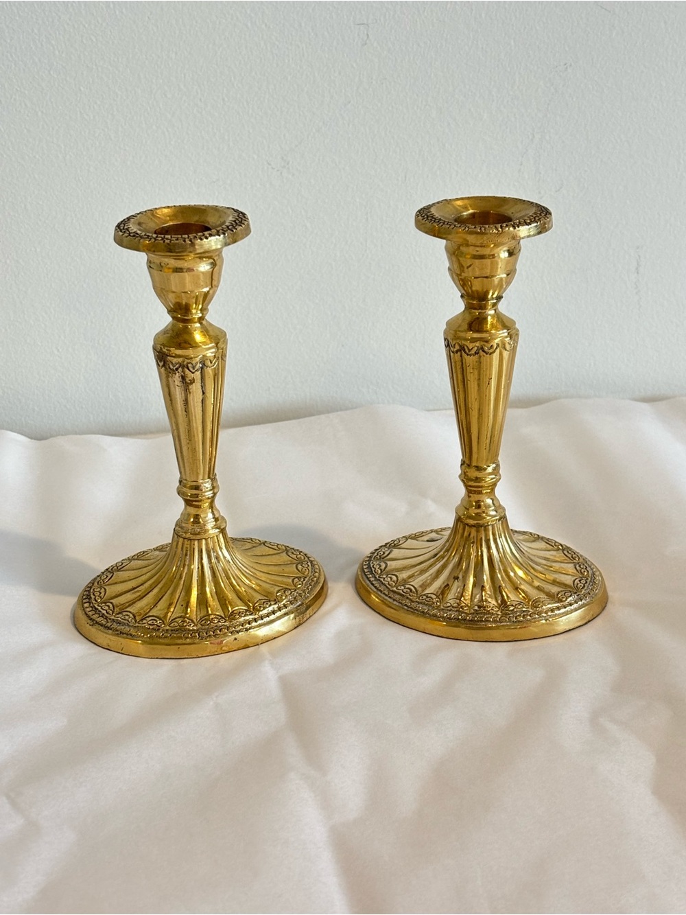 Vintage solid Brass Candle Holders SET OF TWO Louis XVI style beaded bands